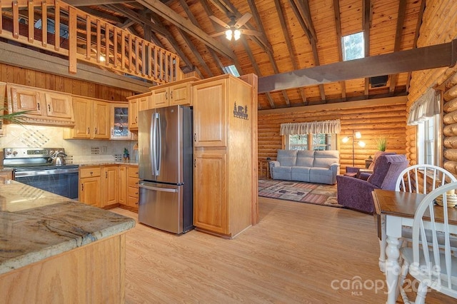 kitchen with light brown cabinetry, wood ceiling, stainless steel appliances, beam ceiling, and high vaulted ceiling