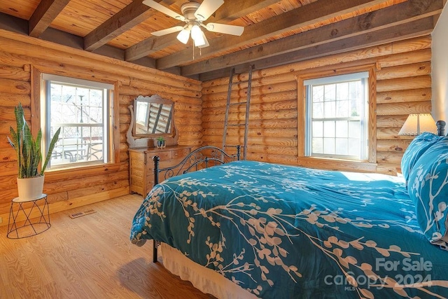 bedroom with hardwood / wood-style floors, ceiling fan, wood ceiling, and rustic walls