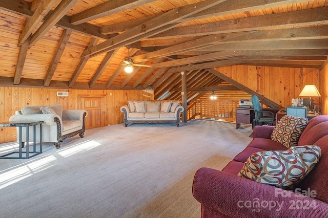 living room featuring wood ceiling, wooden walls, carpet flooring, and lofted ceiling with beams