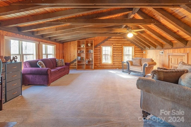 living room featuring log walls, lofted ceiling with beams, wooden walls, and wooden ceiling