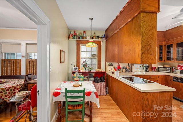 kitchen with light wood-type flooring, kitchen peninsula, a wealth of natural light, and black electric cooktop