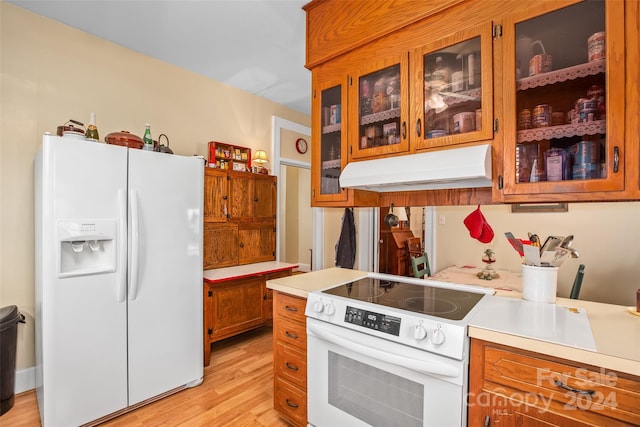 kitchen featuring light hardwood / wood-style flooring and white appliances