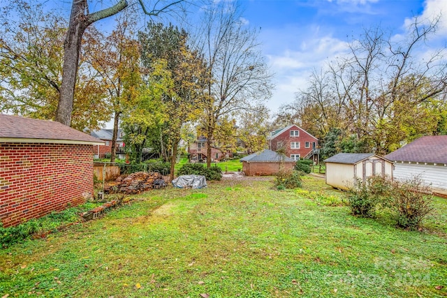 view of yard featuring a storage unit