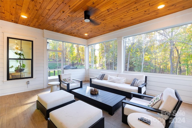 sunroom with ceiling fan and wood ceiling