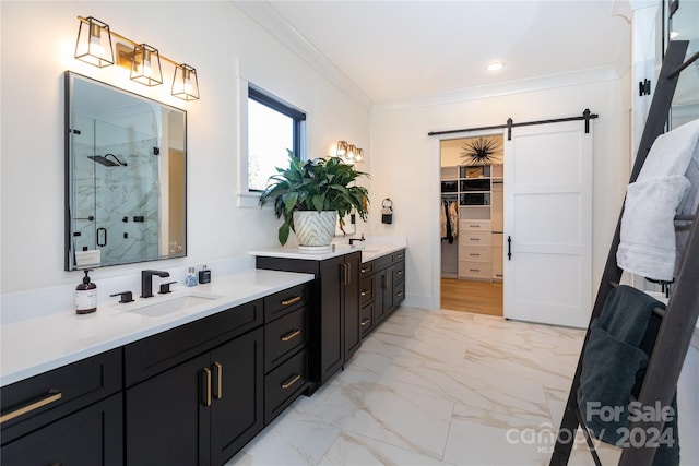 bathroom featuring vanity, ornamental molding, and walk in shower