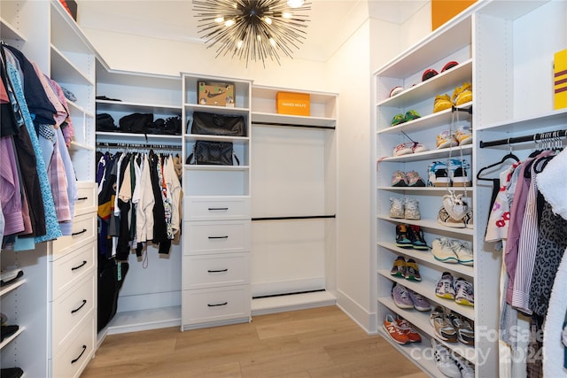 spacious closet with an inviting chandelier and light wood-type flooring