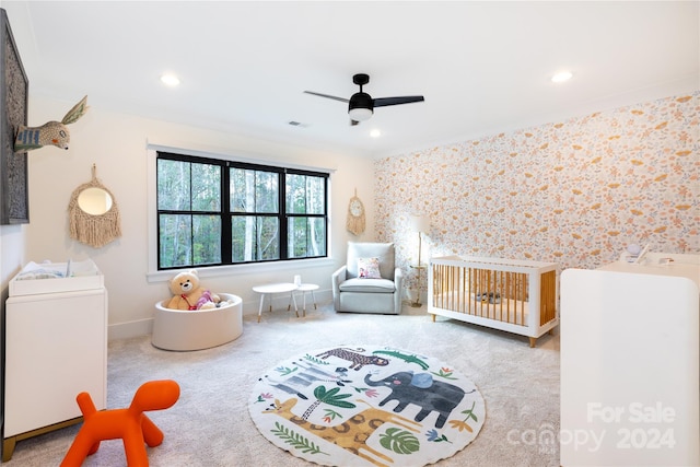 carpeted bedroom featuring ceiling fan