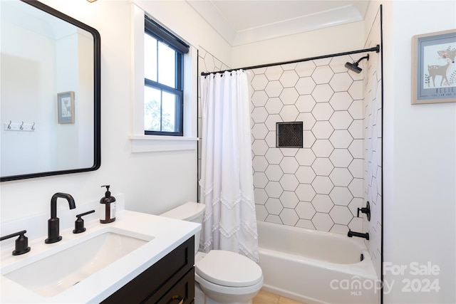 full bathroom featuring vanity, toilet, shower / bathtub combination with curtain, and crown molding