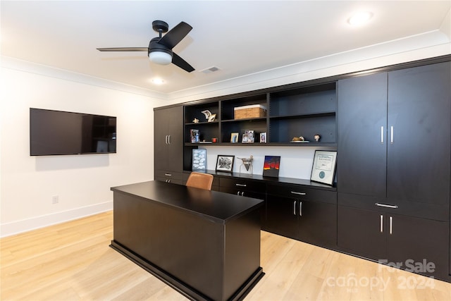 office with ceiling fan, light hardwood / wood-style floors, and crown molding