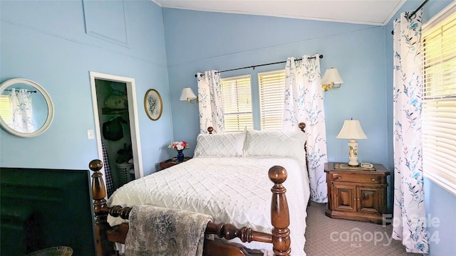 bedroom featuring carpet, a closet, lofted ceiling, and multiple windows