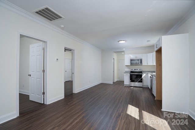 unfurnished living room featuring crown molding and dark wood-type flooring