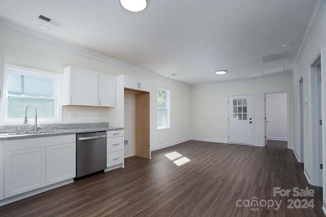 kitchen with dishwasher, dark hardwood / wood-style flooring, and white cabinetry