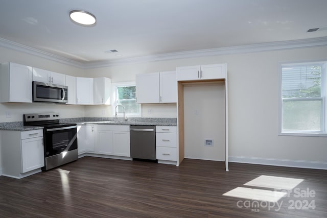 kitchen with dark wood-type flooring, stainless steel appliances, white cabinetry, and a healthy amount of sunlight