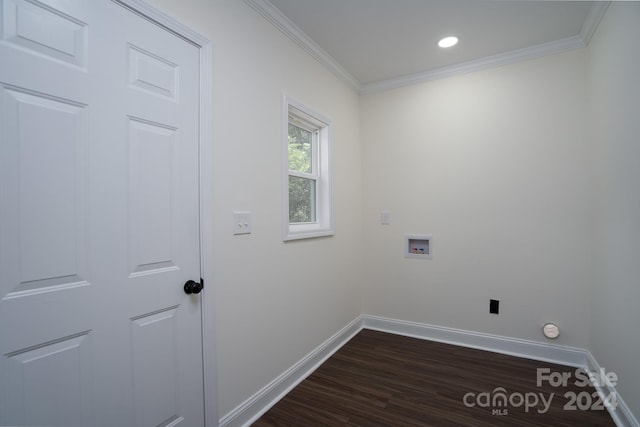 clothes washing area featuring hookup for a washing machine, dark hardwood / wood-style floors, and ornamental molding