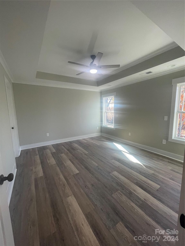 empty room with dark hardwood / wood-style flooring, a raised ceiling, crown molding, and a wealth of natural light