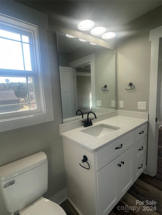 bathroom with hardwood / wood-style floors, vanity, and toilet