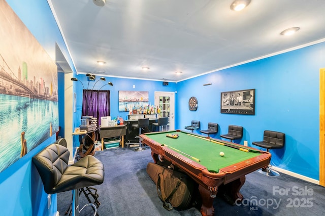 playroom featuring dark colored carpet, a dry bar, billiards, and crown molding