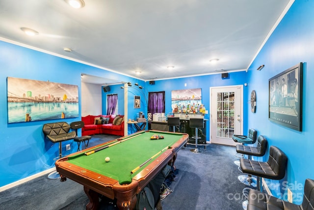 playroom featuring a dry bar, billiards, baseboards, carpet, and crown molding