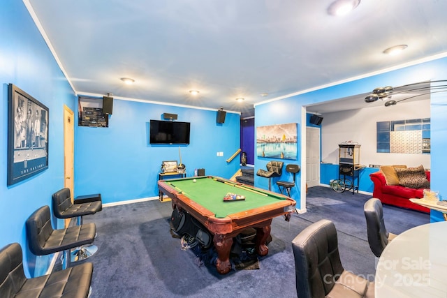 rec room with carpet floors, baseboards, and crown molding