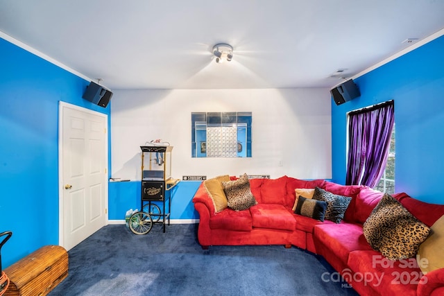 living area featuring baseboards and dark colored carpet