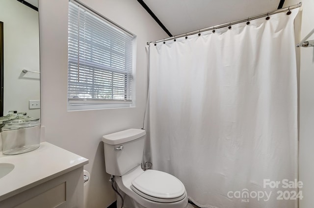 bathroom with walk in shower, vanity, and toilet