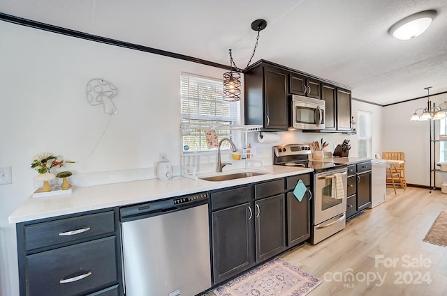 kitchen with sink, crown molding, decorative light fixtures, light hardwood / wood-style floors, and stainless steel appliances