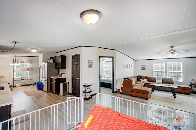 living room featuring light hardwood / wood-style flooring, a textured ceiling, and an inviting chandelier