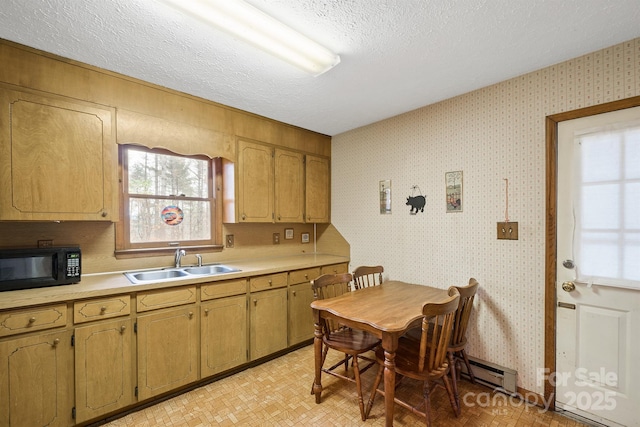 kitchen with a textured ceiling, baseboard heating, and sink