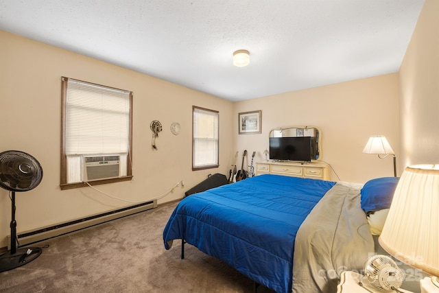 carpeted bedroom with cooling unit, a textured ceiling, and a baseboard heating unit