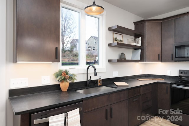 kitchen with sink, wine cooler, black electric range, dark brown cabinets, and light hardwood / wood-style floors