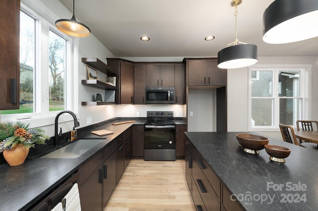 kitchen with sink, decorative light fixtures, electric range, light wood-type flooring, and dark brown cabinets