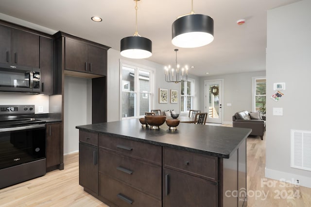 kitchen featuring dark brown cabinets, a kitchen island, light wood-type flooring, and stainless steel appliances