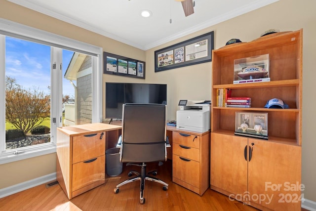 office space with ceiling fan, light hardwood / wood-style flooring, and ornamental molding