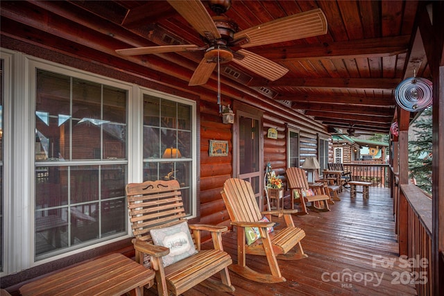 wooden deck with ceiling fan and covered porch