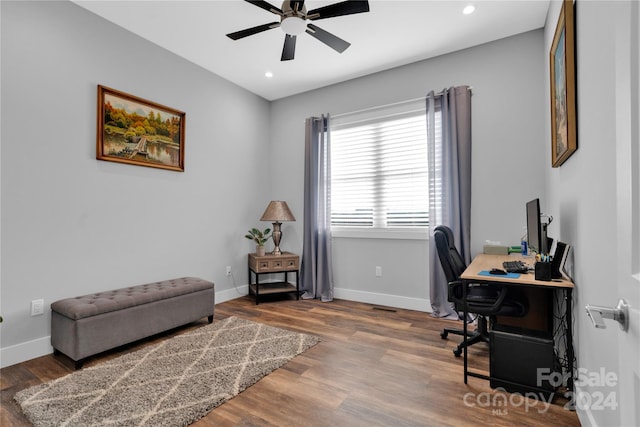 office featuring ceiling fan and hardwood / wood-style flooring