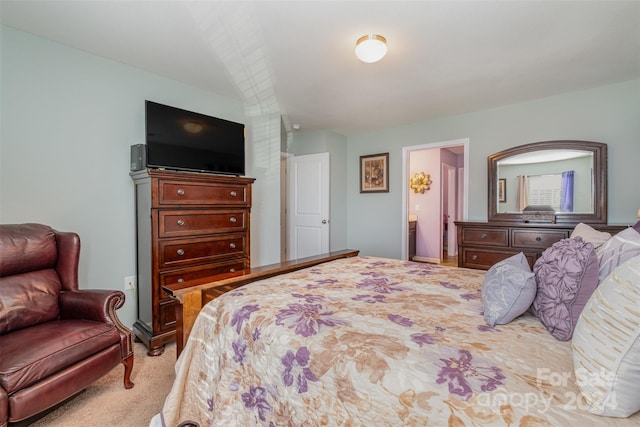 bedroom featuring light colored carpet and connected bathroom