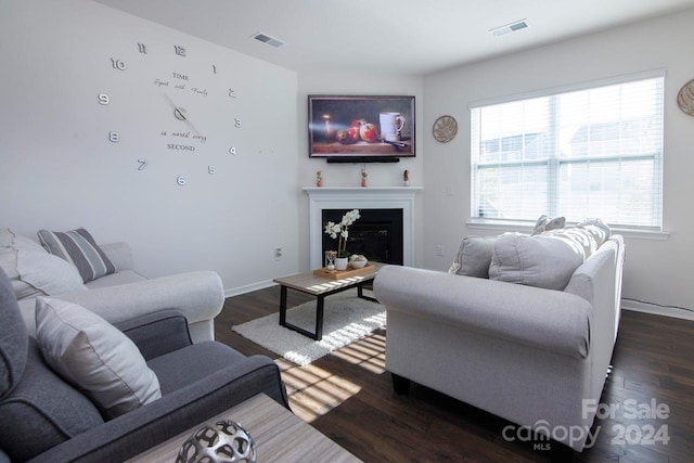 living room with dark hardwood / wood-style flooring