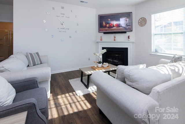 living room with dark hardwood / wood-style floors