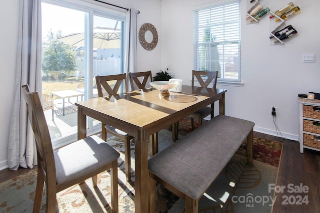 dining area with plenty of natural light and dark wood-type flooring