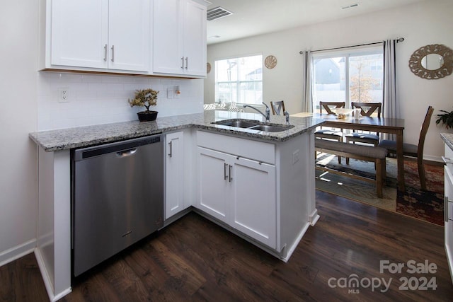 kitchen featuring dishwasher, kitchen peninsula, white cabinets, and sink