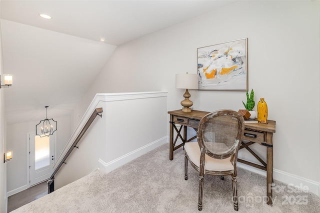 carpeted home office featuring a chandelier, lofted ceiling, baseboards, and recessed lighting