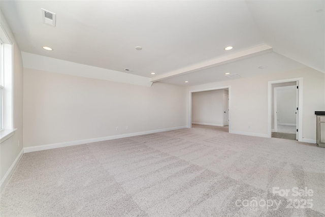 interior space with recessed lighting, light colored carpet, visible vents, and baseboards