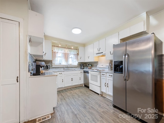 kitchen featuring tasteful backsplash, sink, white cabinets, stainless steel appliances, and light wood-type flooring