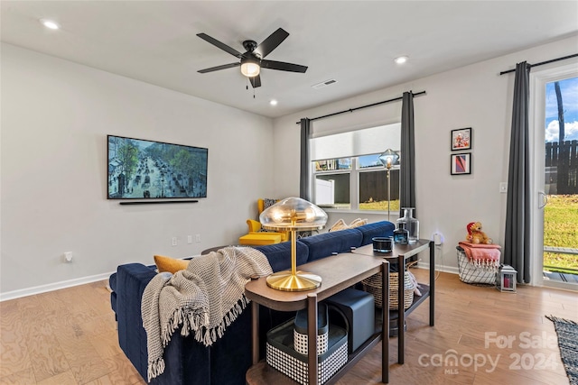 9232 Widden Way, Charlotte, NC 28269 - living area featuring wood finished floors, baseboards, a ceiling fan, and recessed lighting