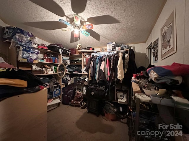 walk in closet featuring carpet and ceiling fan