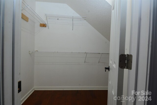 walk in closet featuring dark wood-type flooring and vaulted ceiling