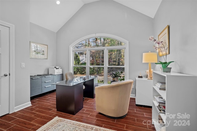 office space with dark hardwood / wood-style flooring and high vaulted ceiling