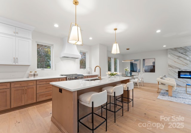 kitchen with white cabinetry, sink, an island with sink, pendant lighting, and a fireplace