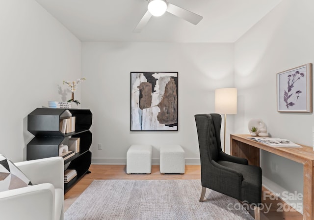 office space featuring ceiling fan and light wood-type flooring