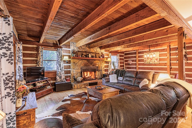 living room featuring beam ceiling, wood ceiling, a fireplace, and light hardwood / wood-style flooring